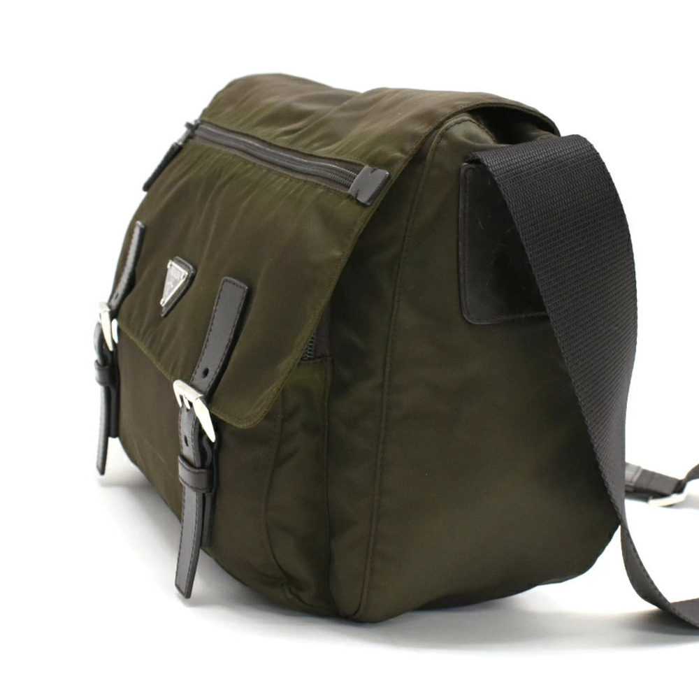 Prada Shoulder Messenger Bag Crossbody Green Triangle Khaki Plate Green